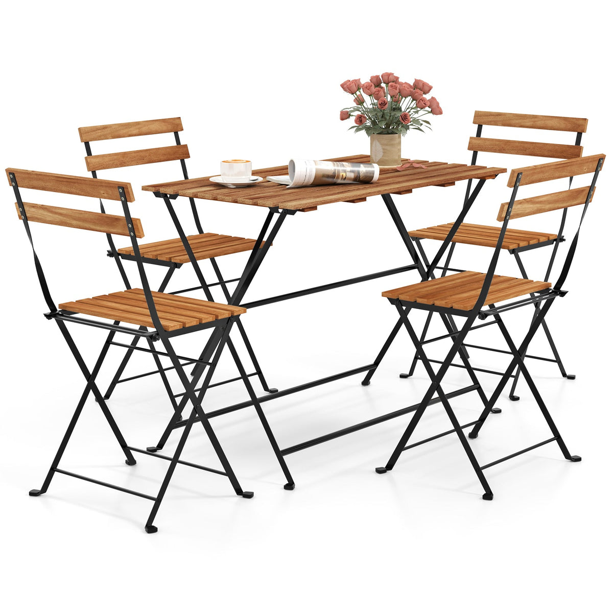5 Piece Patio Acacia Wood Dining Set with 4 Folding Chairs-Brown