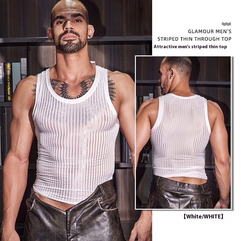 New Men's Cross-strap Striped Thin Transparent Elastic Vest