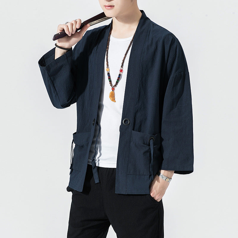 Chinese Style Cotton And Linen Cropped Sleeve Cardigan Baggy Coat Sun Protection Clothing