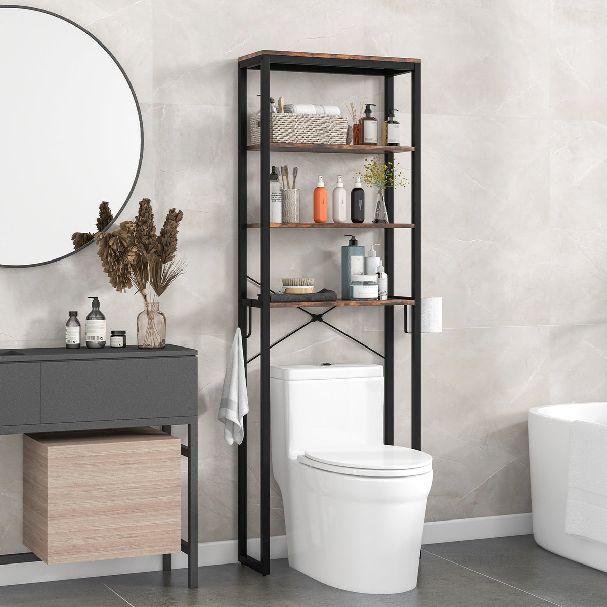 4-Tier Freestanding Over the Toilet Storage Rack-Rustic Brown DirectDeals