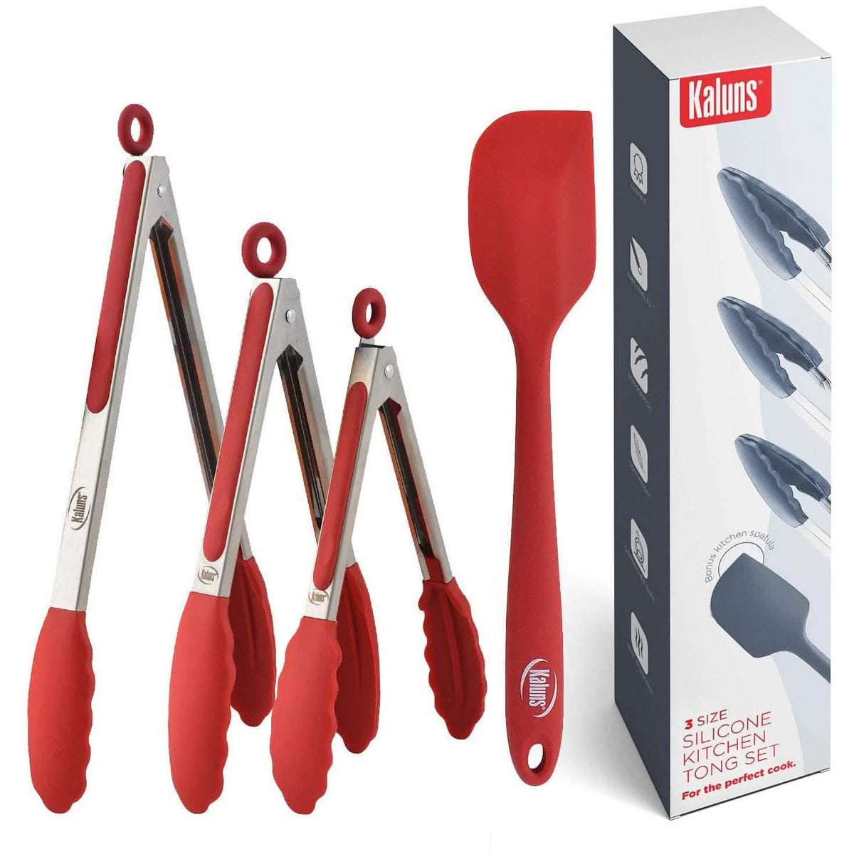 4-Pack: Kaluns Kitchen Tongs for Cooking with Silicone Spatula