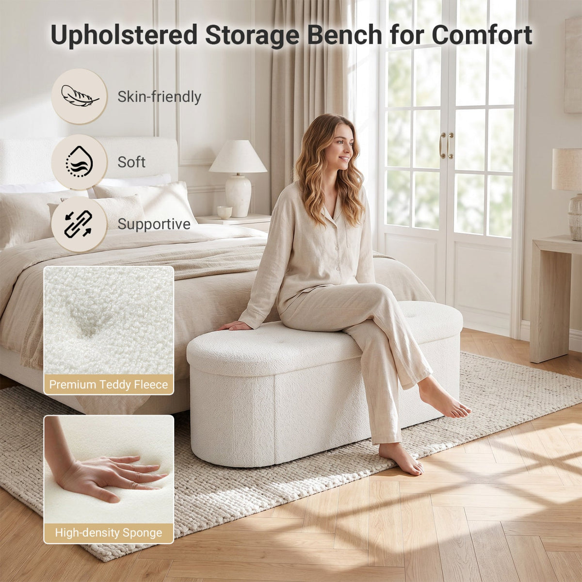43" Folding Storage Ottoman Bench with Dividers - Teddy Fleece DirectDeals