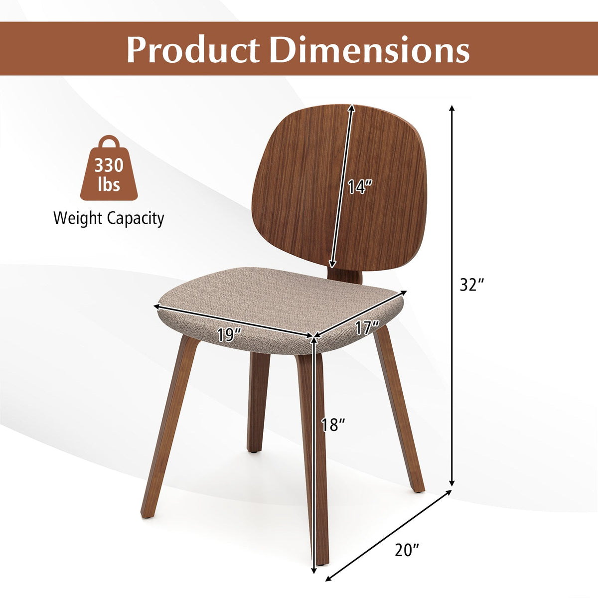 Wooden Dining Chair Set of 2 with Bentwood Frame and Padded Seat-Walnut