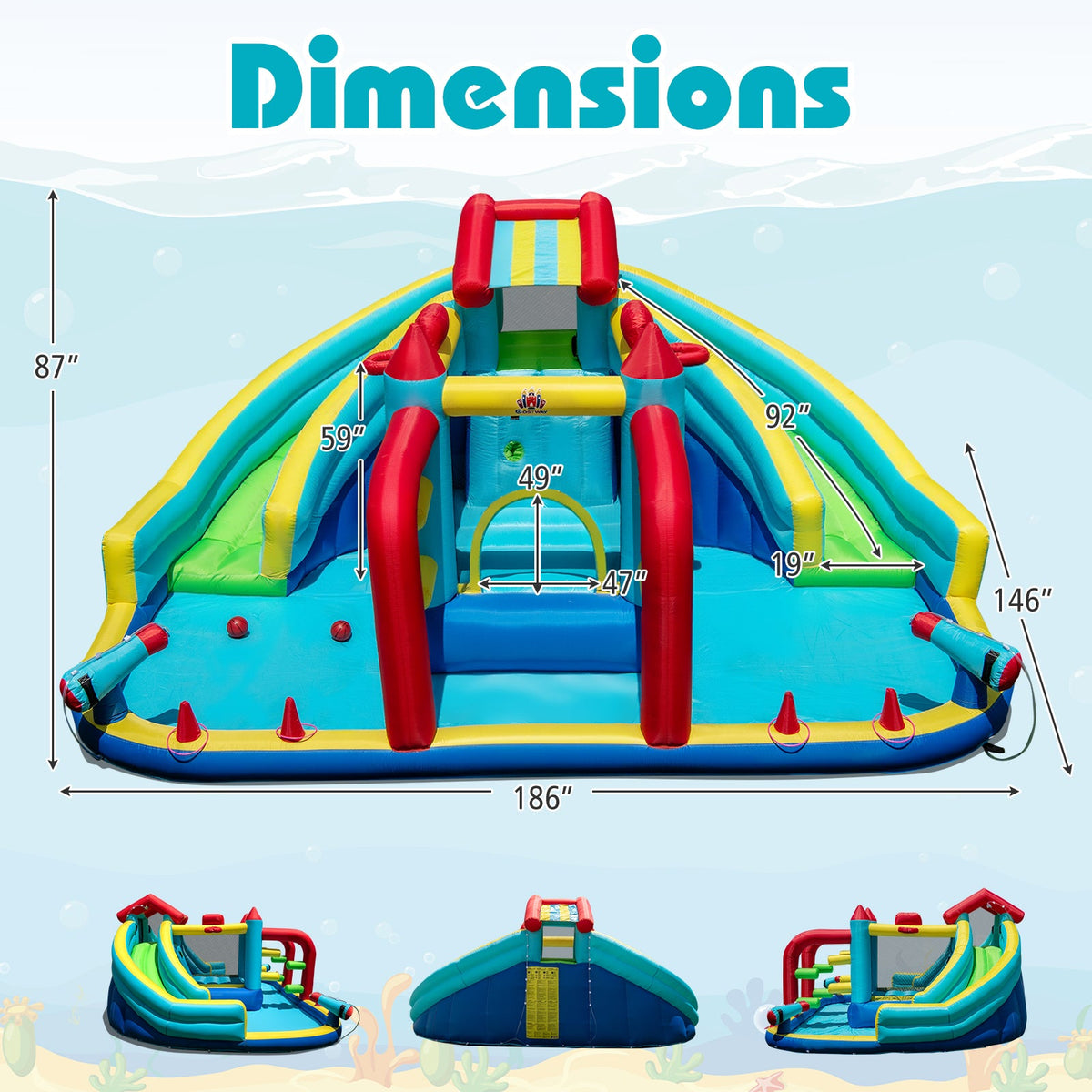 Inflatable Double Water Slide Park with Obstacle Course and Basketball Hoops