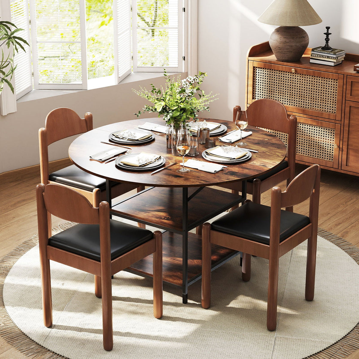 47 Inch Round Dining Table for 4-6 People Large Kitchen Table with 2-Tier Storage Shelves