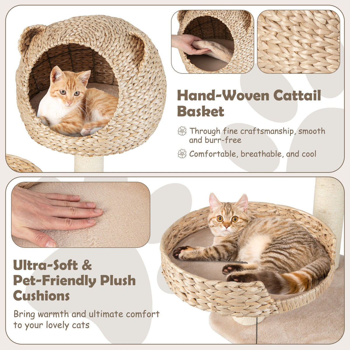 Multi-Level Cat Tree with Condo Hammock and Rotatable Hanging Balls-Natural