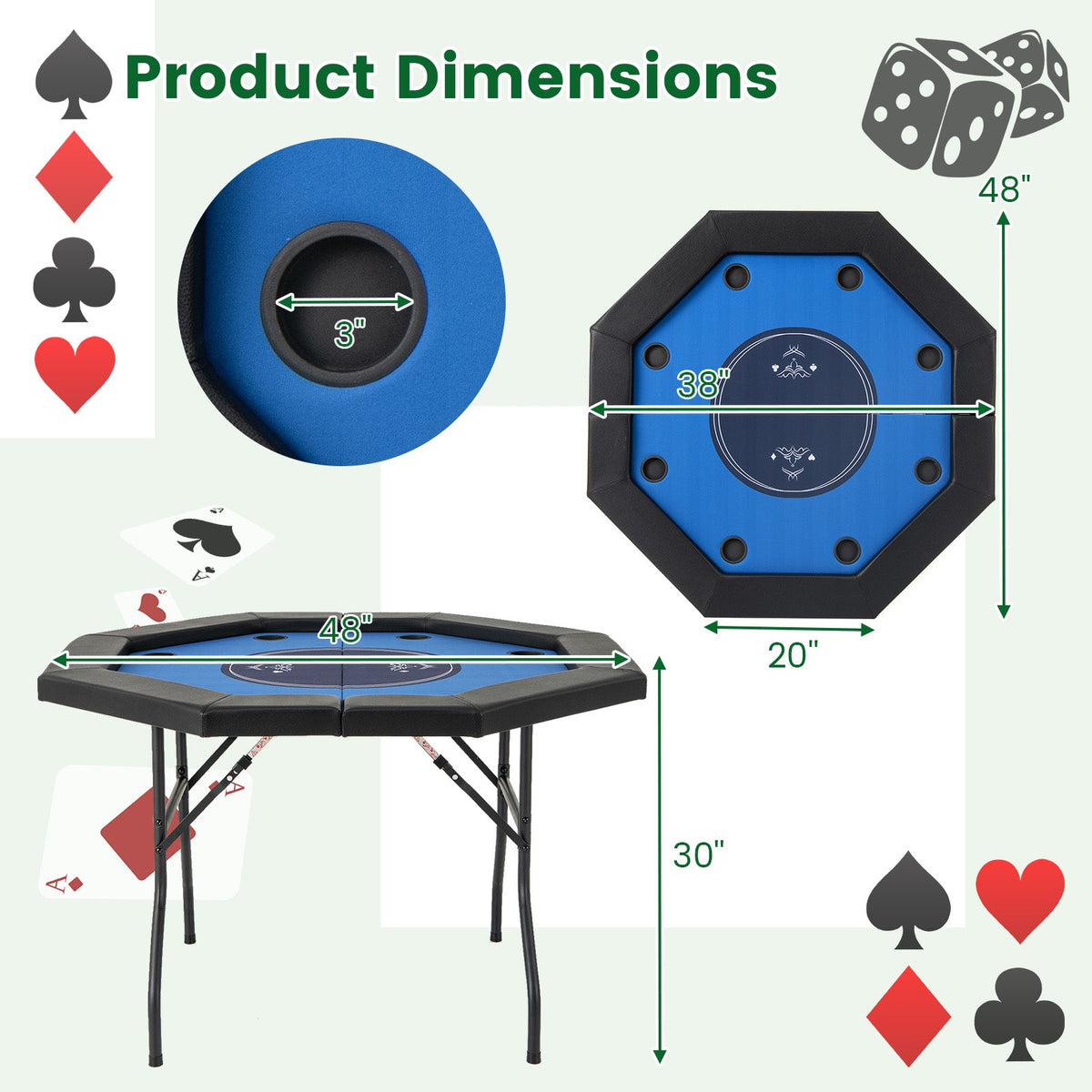 48 Inches Foldable Poker Table with Padded Rails and Cup Holders-Blue