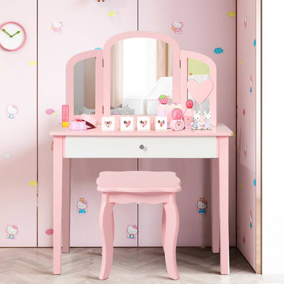 Kids Princess Make Up Dressing Table with Tri-folding Mirror and Chair