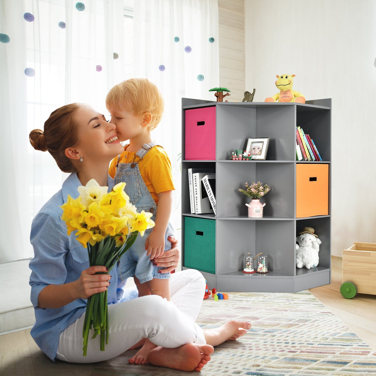 3-Tier Kids Storage Shelf Corner Cabinet with 3 Baskets-Gray GBruno Store