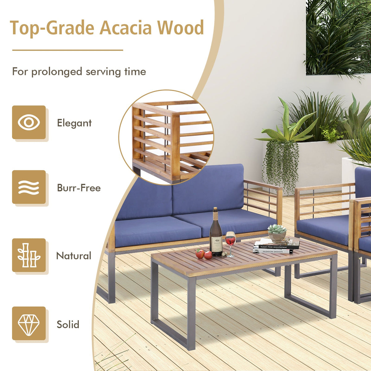 4 Piece Patio Acacia Wood Conversation Set with Soft Seat-Navy
