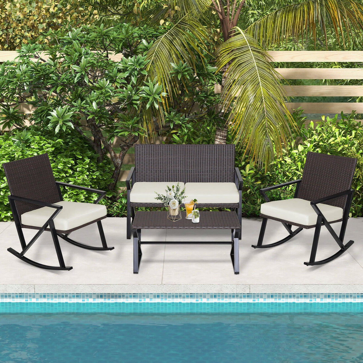 4 Pieces Rattan Patio Rocking Furniture Set with Loveseat and Coffee Table