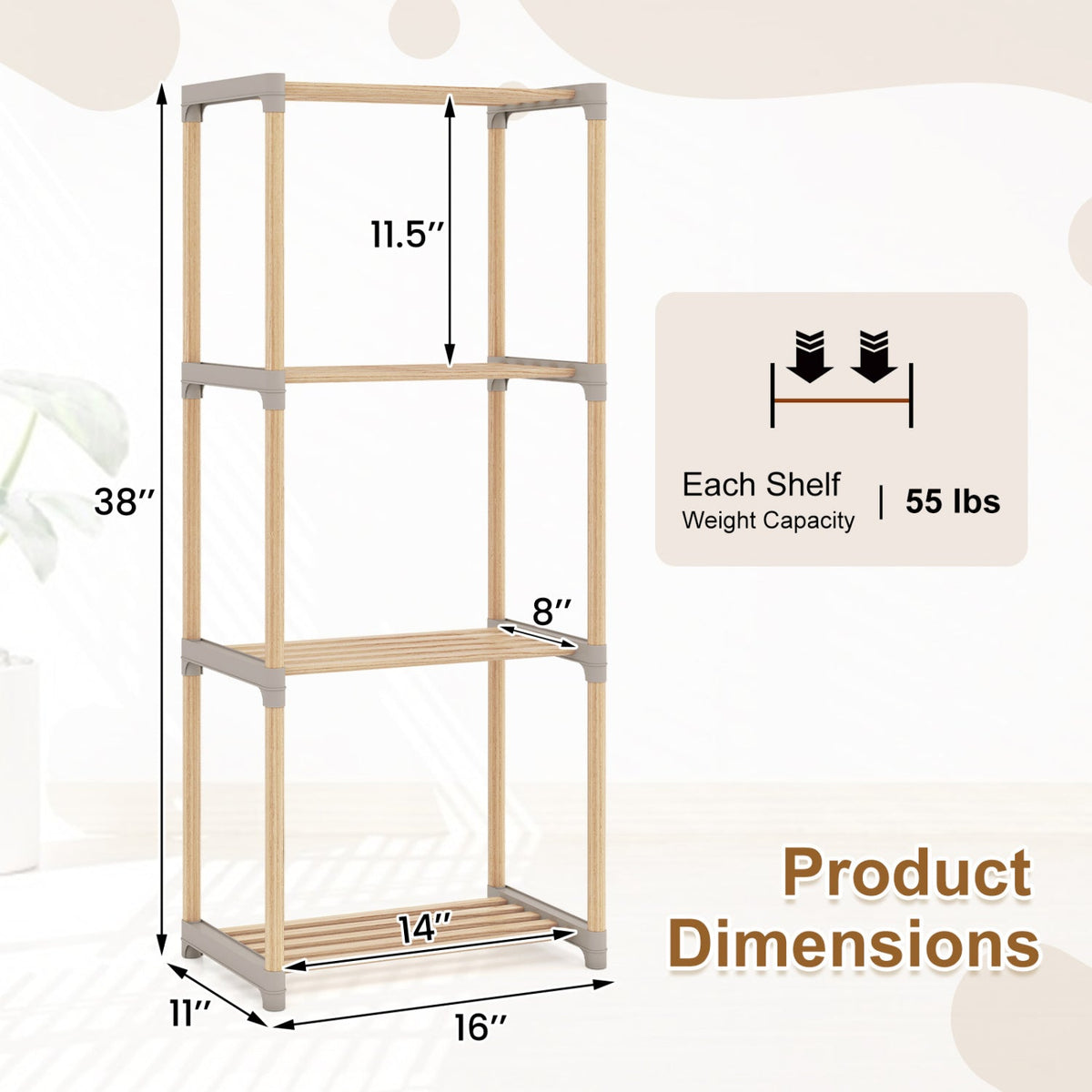 5-Tier Pine Wood Bookshelf with Open Shelves