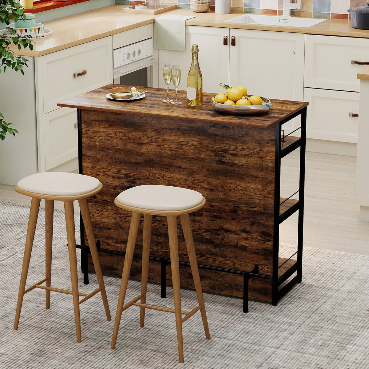 4-Tier Mini Bar Kitchen Island with Footrest and Wine Rack-Coffee