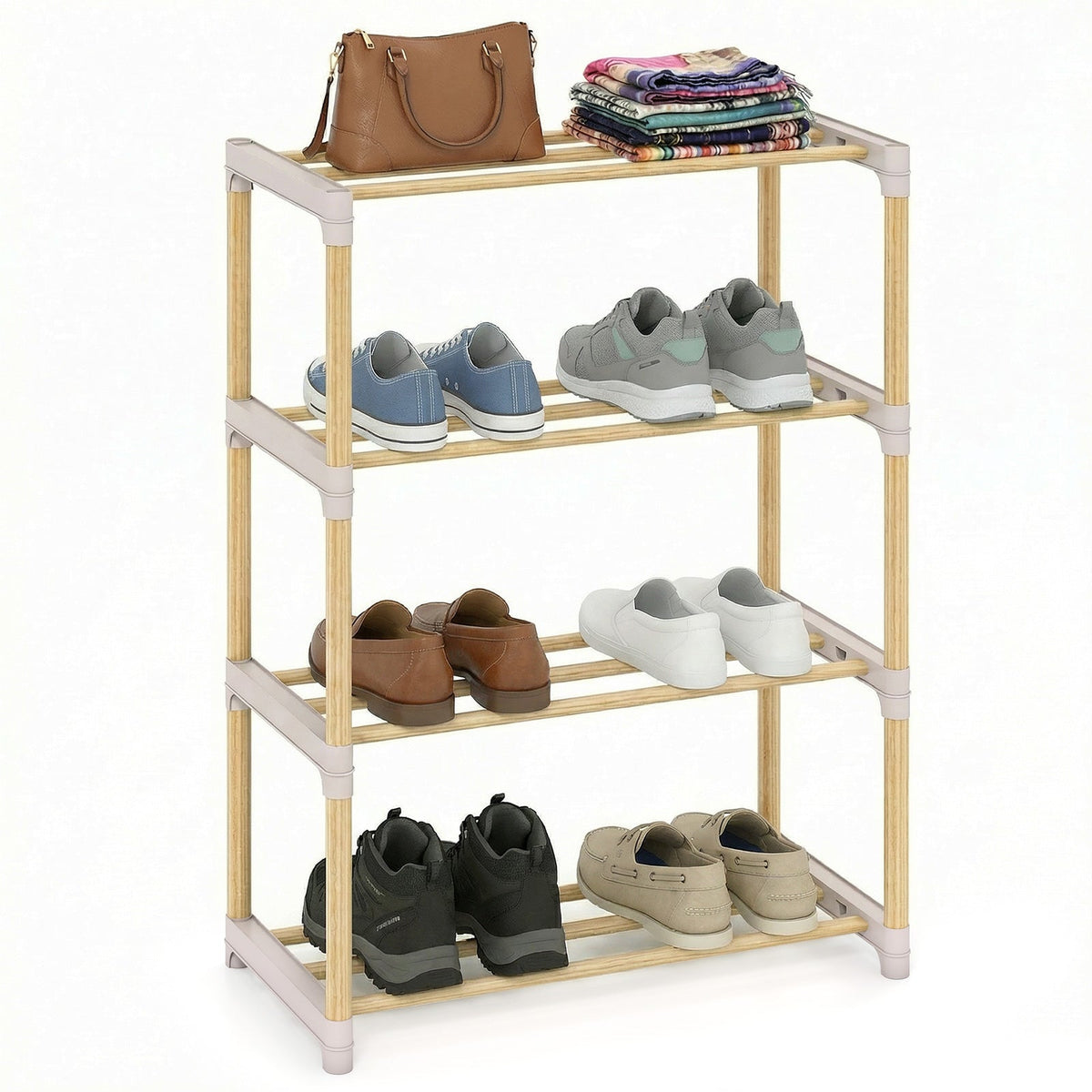 4-Tier Solid Wood Shoe Rack with Slatted Open Shelves-Gray