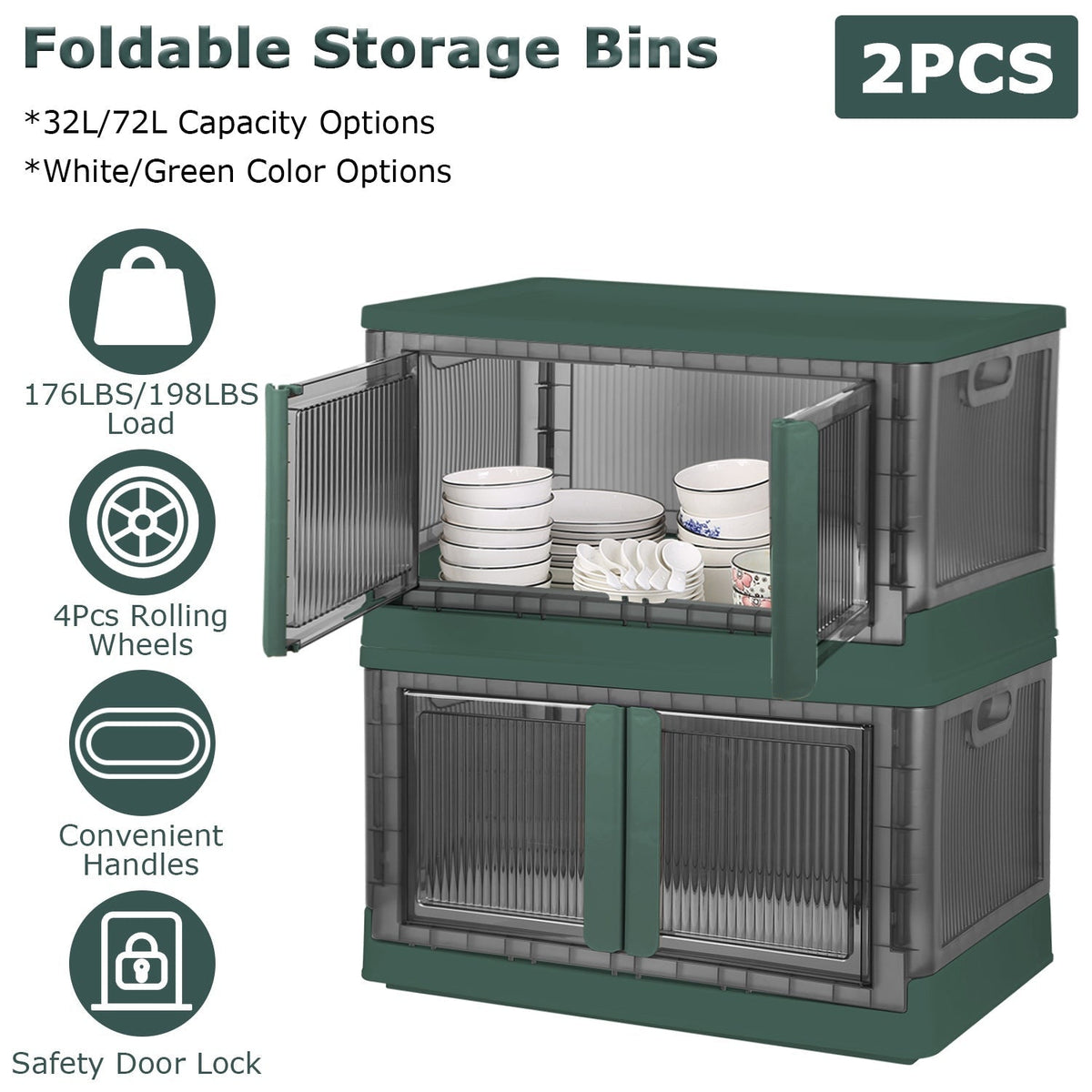 2Pcs 32L Foldable Storage Bins with Lid Collapsible Stackable Closet Organizer Containers with Front Door Lock 4Pcs Wheels GBruno Store