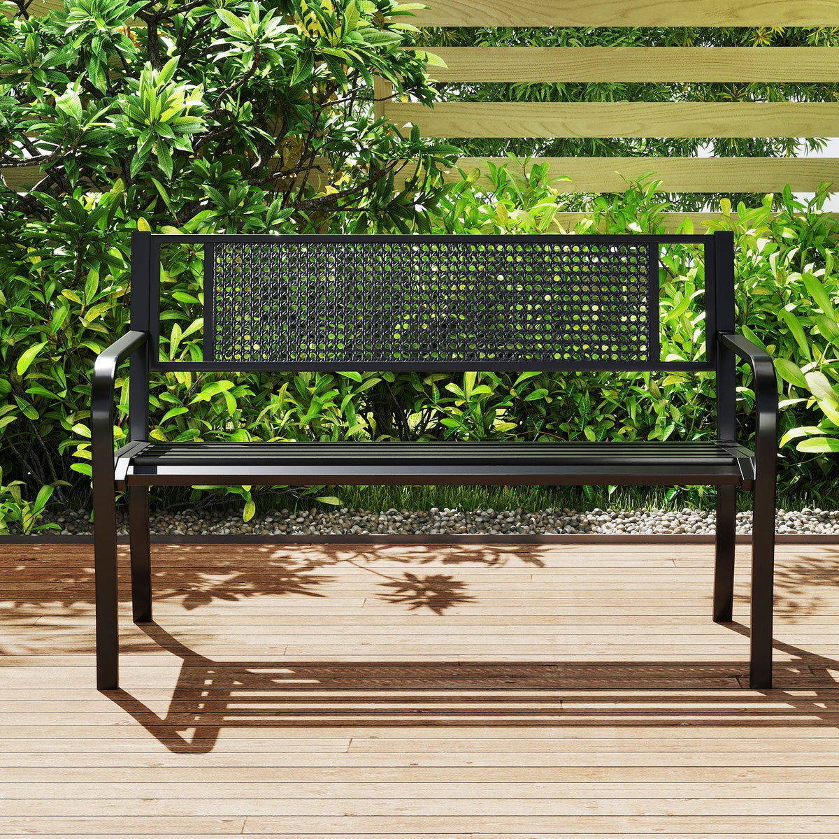 50 Inches Garden Bench with Patterned Backrest and Curved Armrests-Black