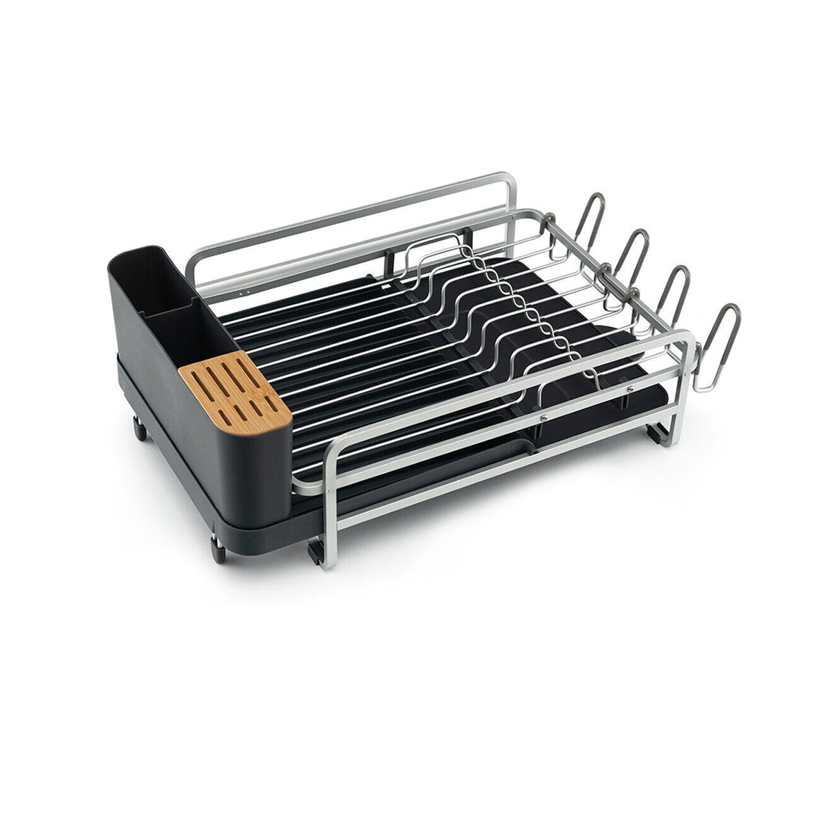 Aluminum Expandable Dish Drying Rack with Drainboard and Rotatable Drainage Spout