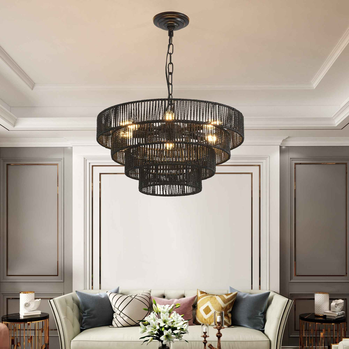 Rustic 4-Tier Black Hemp Rope Chandelier with 6 E12 Sockets, UL Listed