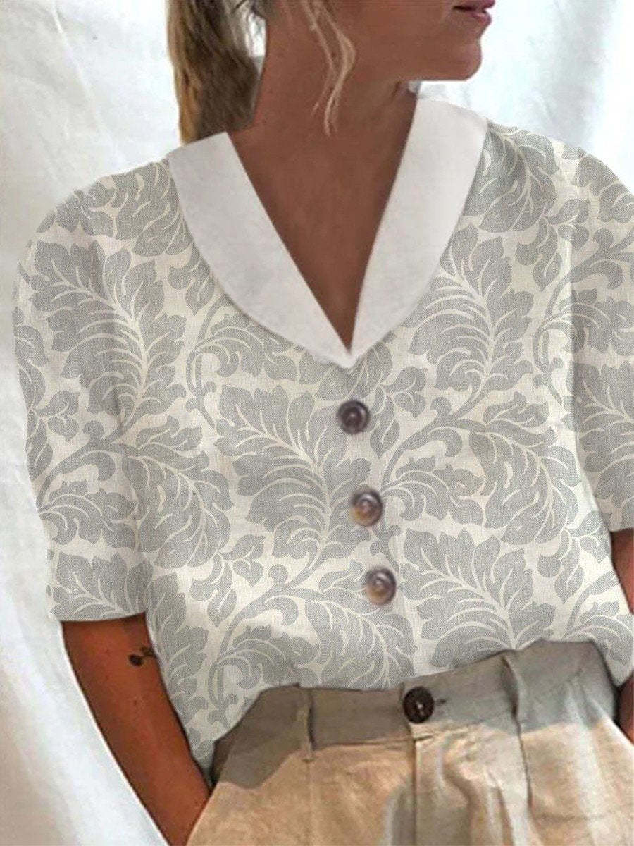Women's Stand Collar Printed Cotton-Linen Shirt