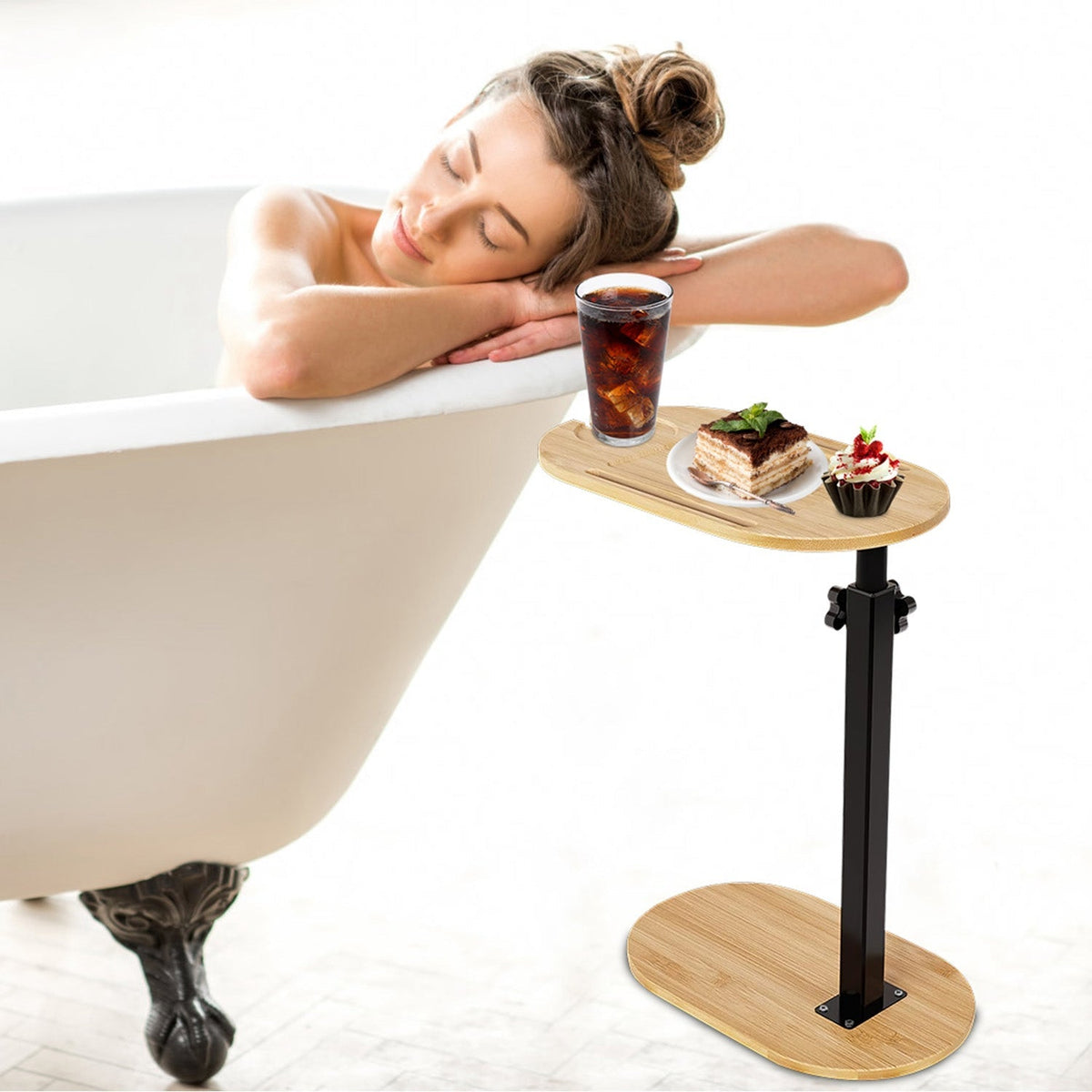 C-Shaped Bathtub Tray Table With Adjustable Height 360¡ Rotatable Desktop Freestanding Bath Caddy Against Wall Couch Bed Sofa Side Table GBruno Store