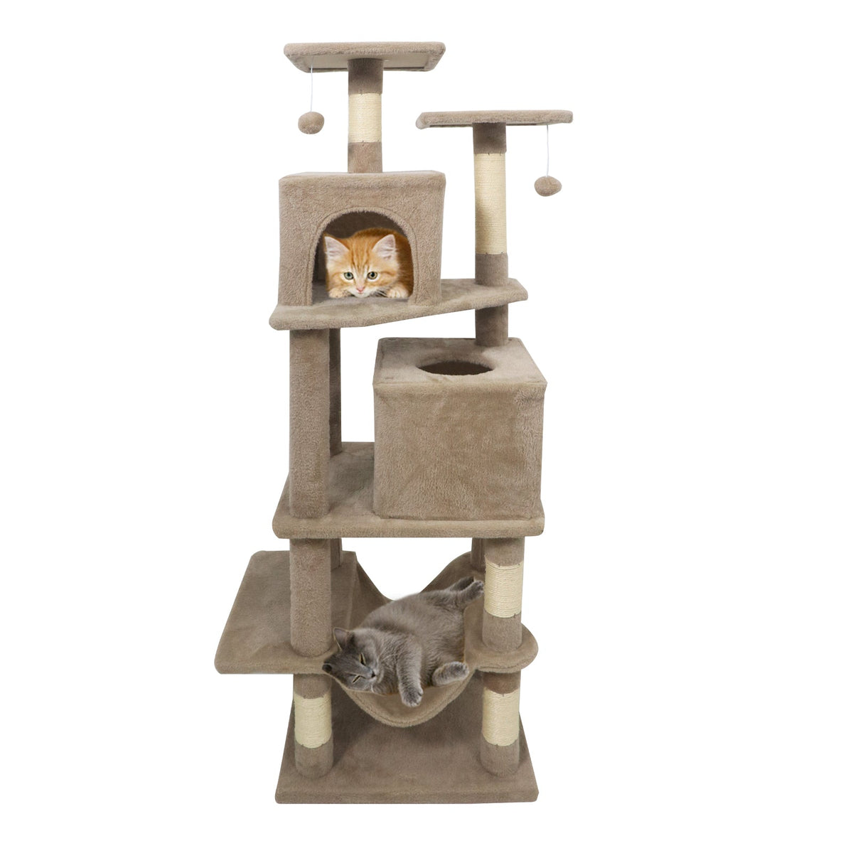 57 Inch Cat Tree with Dual Condos and Hammock and 2 Dangling Balls DirectDeals