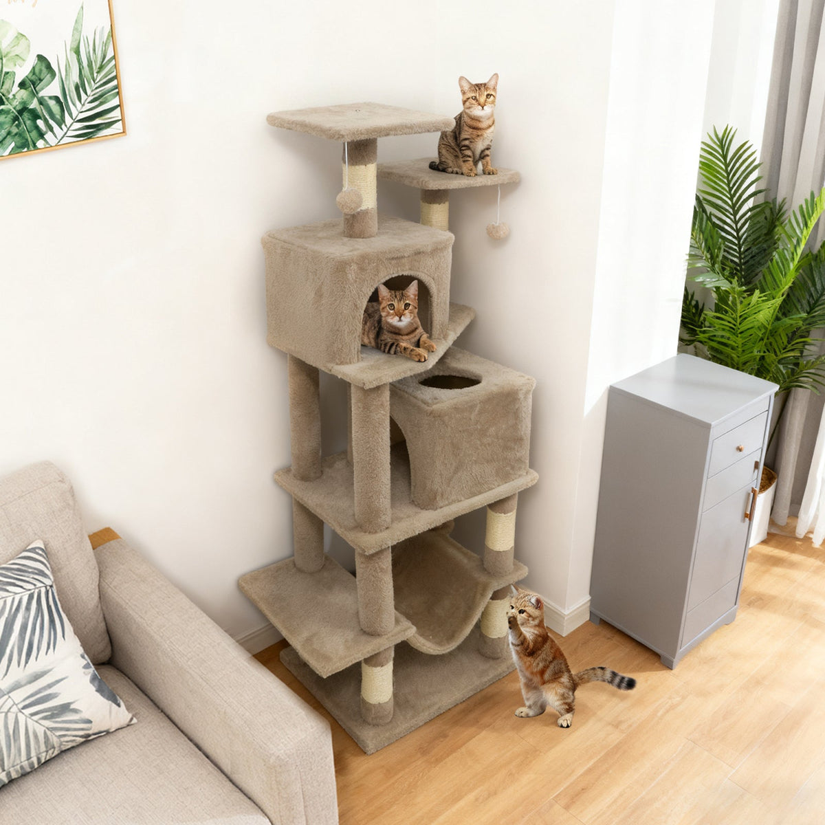 57 Inch Cat Tree with Dual Condos and Hammock and 2 Dangling Balls DirectDeals