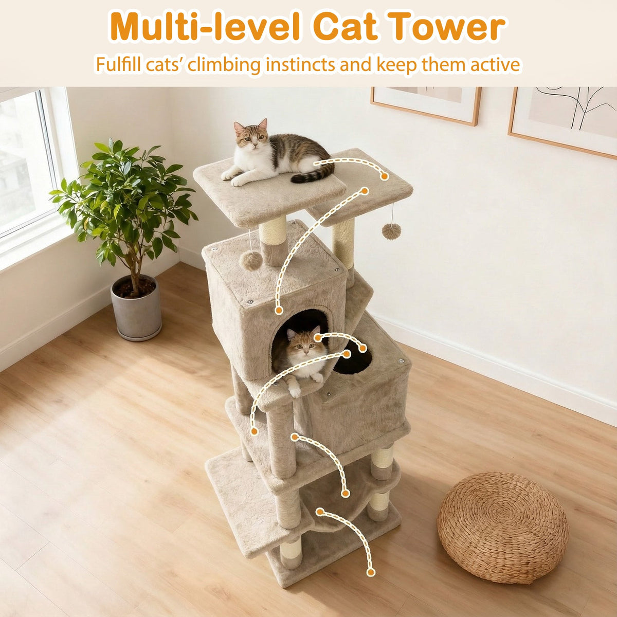 57 Inch Cat Tree with Dual Condos and Hammock and 2 Dangling Balls DirectDeals