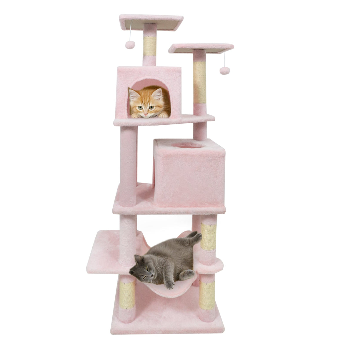 57 Inch Cat Tree with Dual Condos and Hammock and 2 Dangling Balls DirectDeals