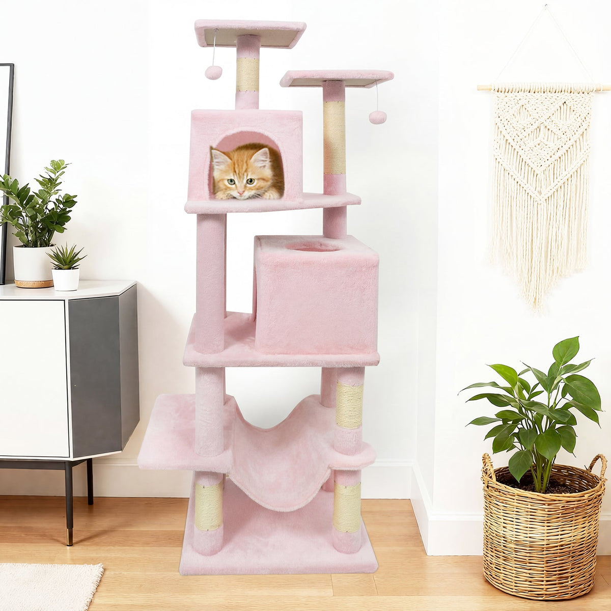 57 Inch Cat Tree with Dual Condos and Hammock and 2 Dangling Balls DirectDeals