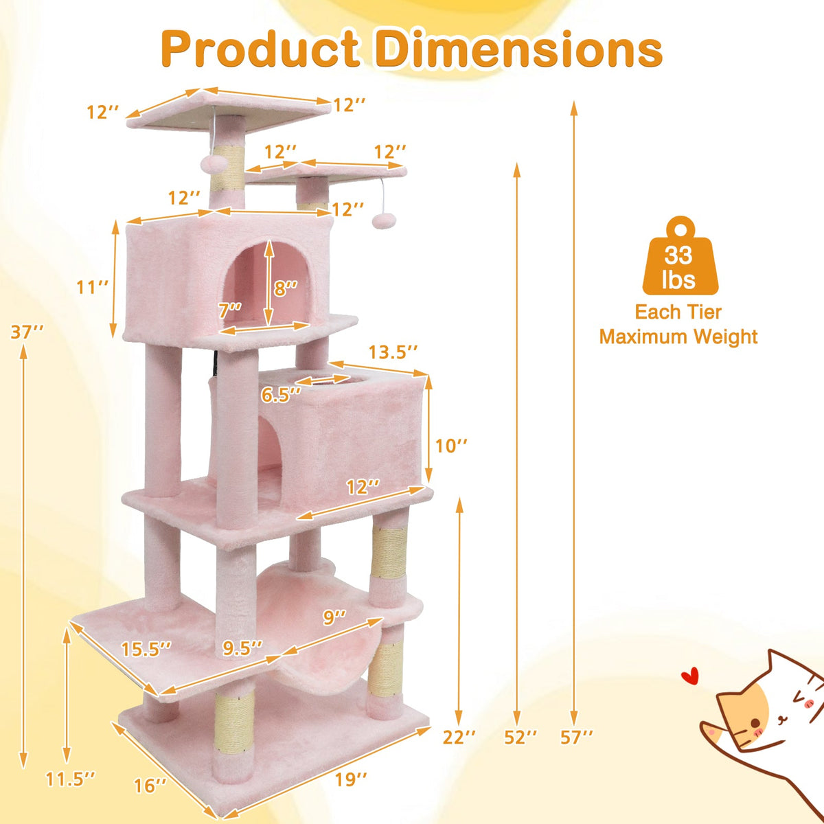 57 Inch Cat Tree with Dual Condos and Hammock and 2 Dangling Balls DirectDeals