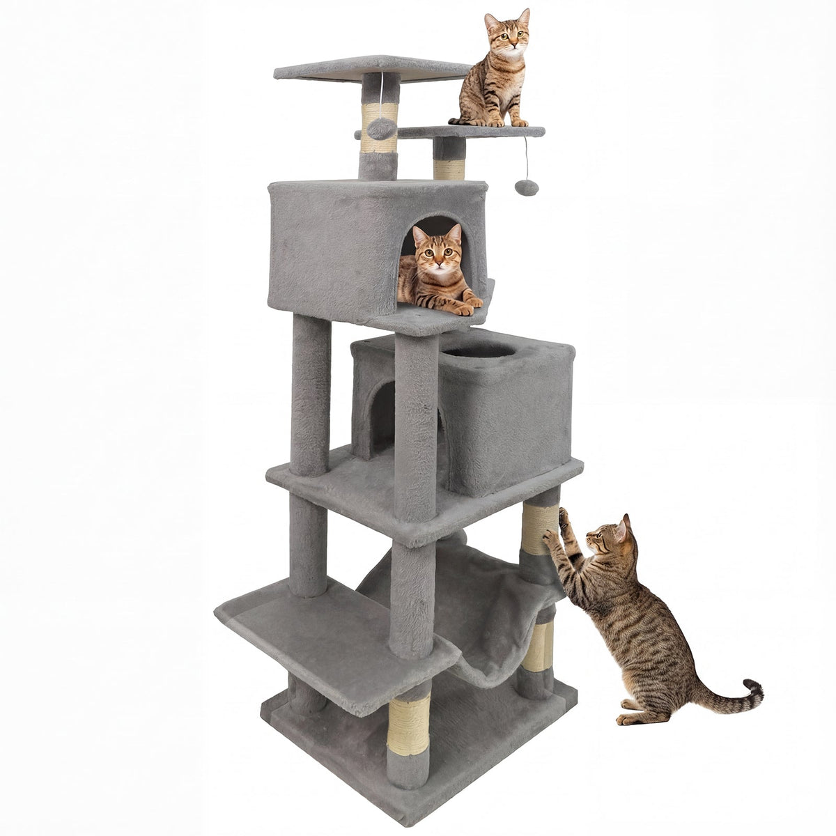 57 Inch Cat Tree with Dual Condos and Hammock and 2 Dangling Balls DirectDeals