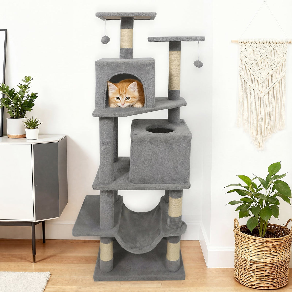 57 Inch Cat Tree with Dual Condos and Hammock and 2 Dangling Balls DirectDeals