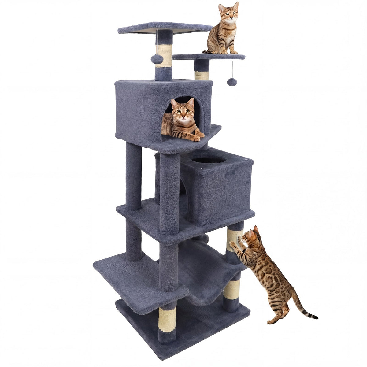 57 Inch Cat Tree with Dual Condos and Hammock and 2 Dangling Balls DirectDeals
