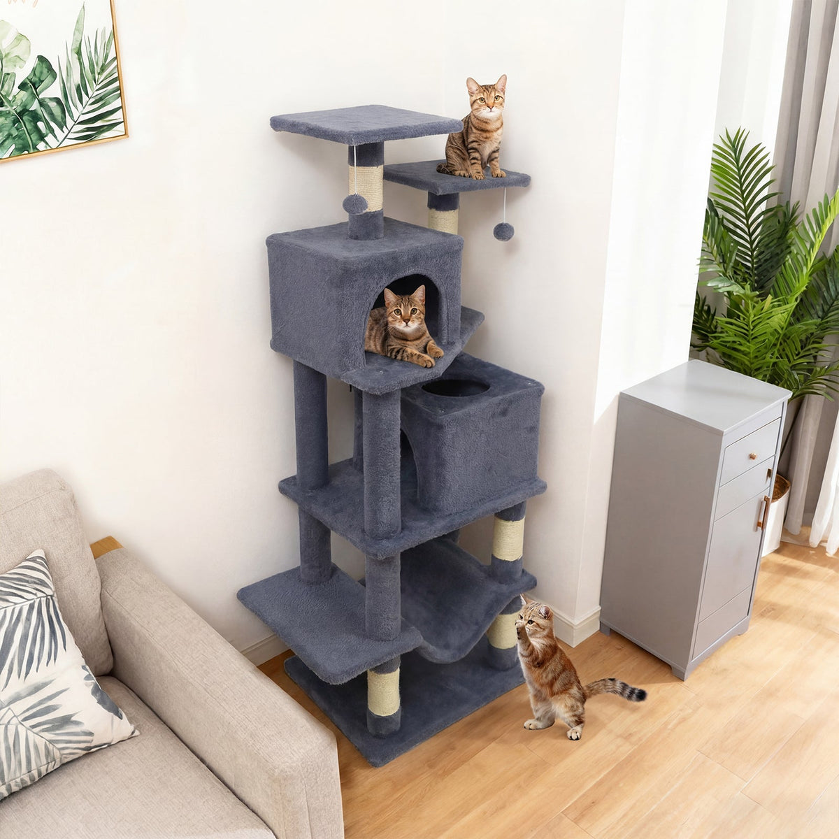 57 Inch Cat Tree with Dual Condos and Hammock and 2 Dangling Balls DirectDeals