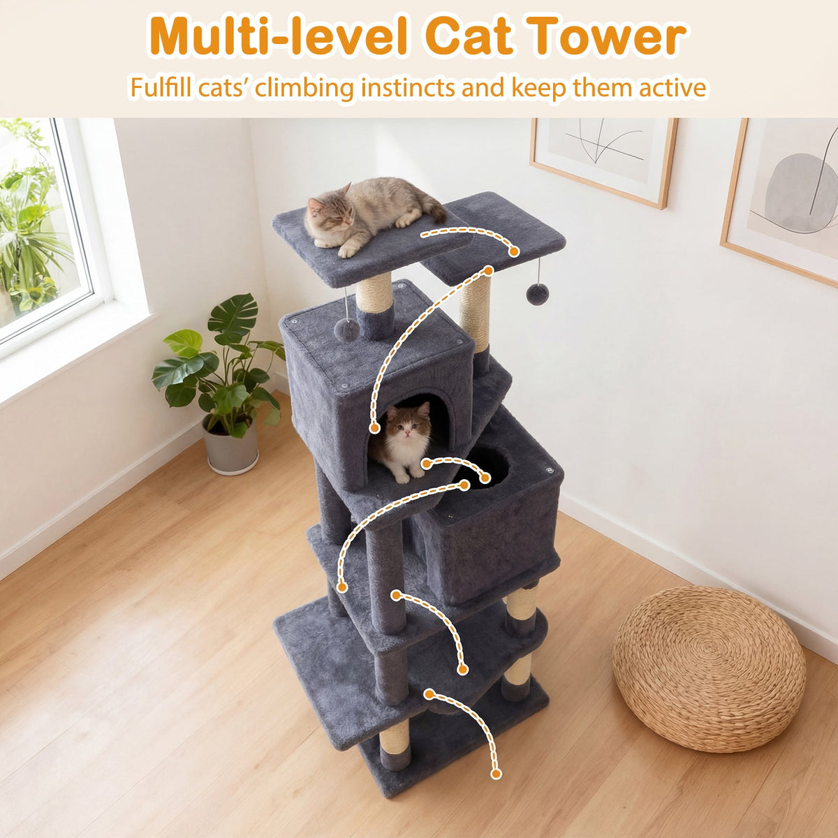 57 Inch Cat Tree with Dual Condos and Hammock and 2 Dangling Balls DirectDeals