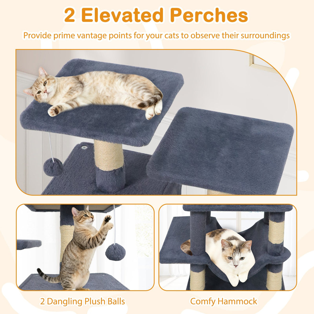 57 Inch Cat Tree with Dual Condos and Hammock and 2 Dangling Balls DirectDeals