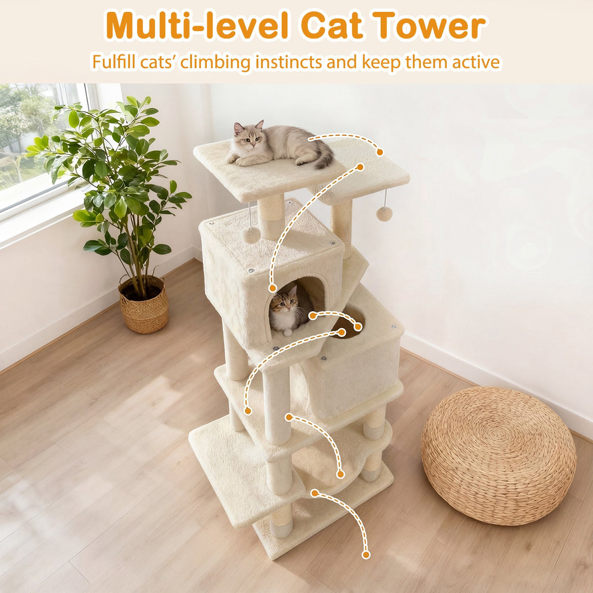 57 Inch Cat Tree with Dual Condos and Hammock and 2 Dangling Balls DirectDeals