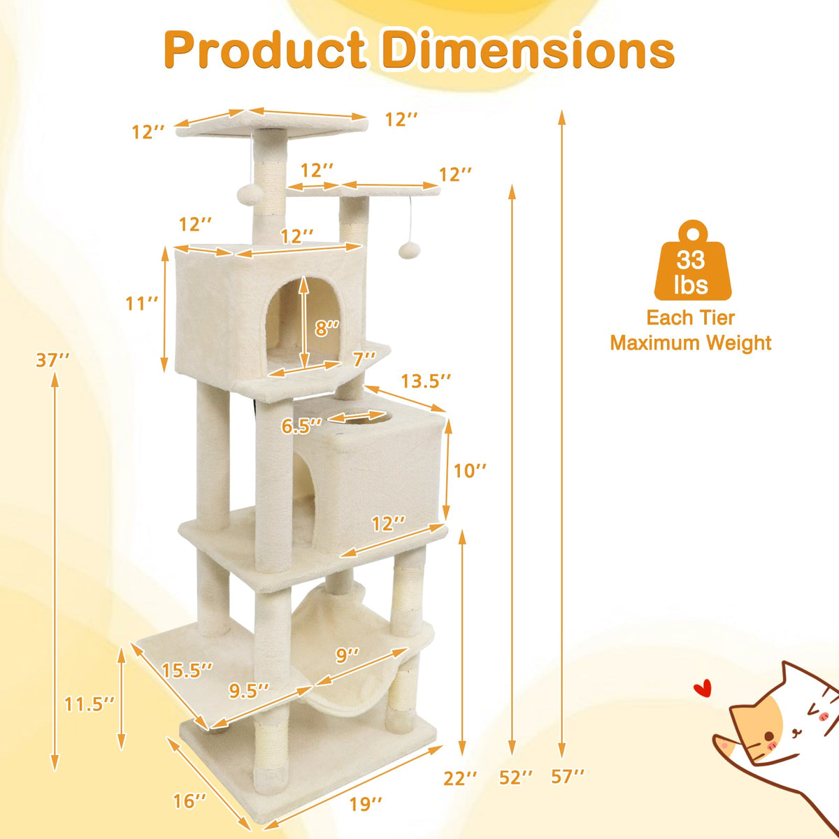 57 Inch Cat Tree with Dual Condos and Hammock and 2 Dangling Balls DirectDeals