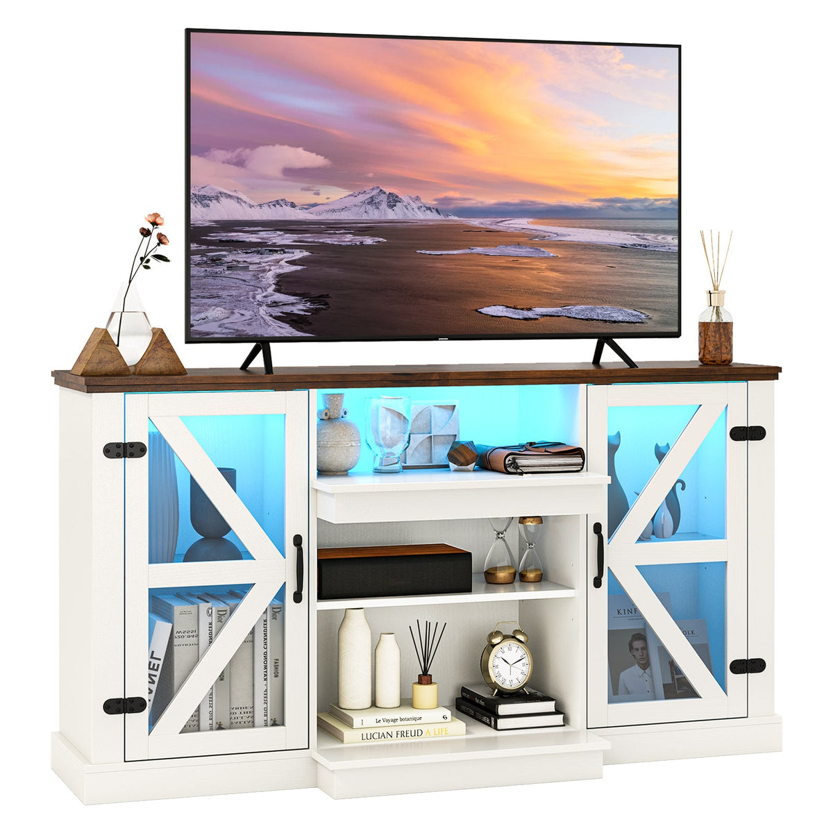 59 Inches Media Console Table with 3-Level Shelves and 22 Dynamic Modes-White