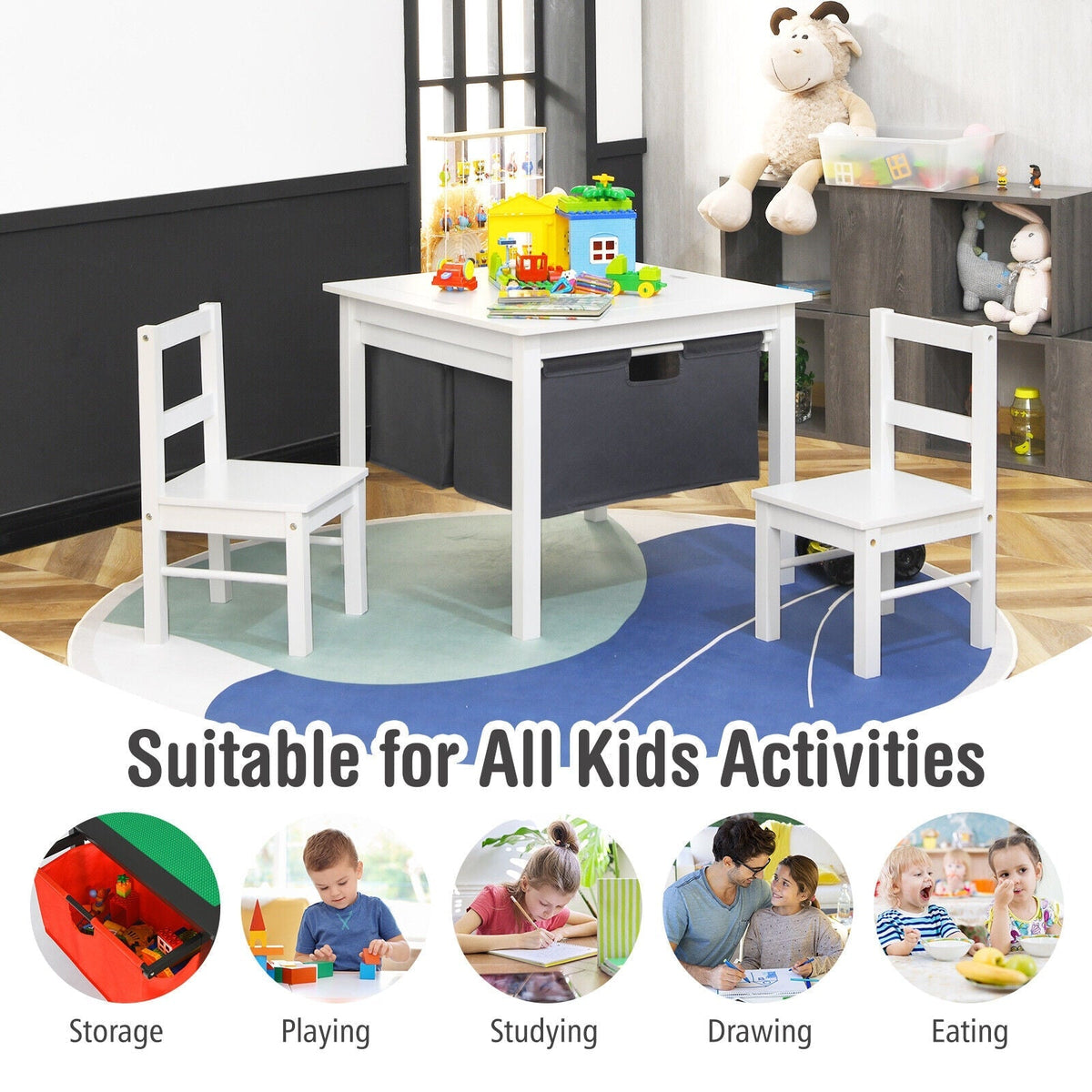 2-in-1 Kids Double-sided Activity Building Block Table with Drawers-White GBruno Store