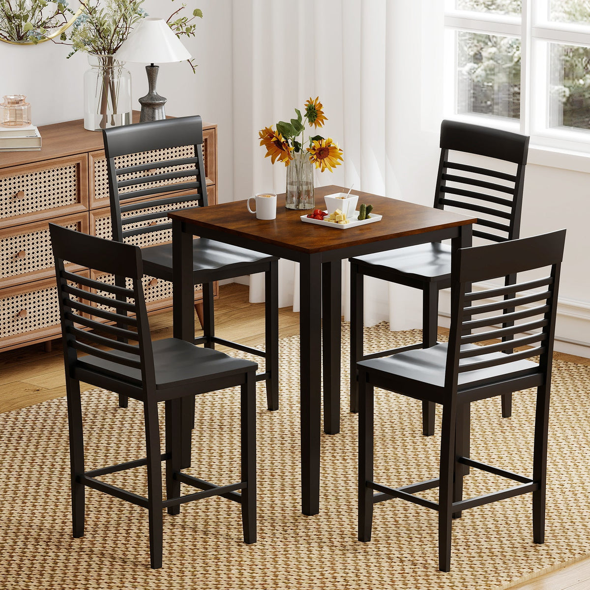 5-Piece Counter-Height Dining Table Set with Rubber Wood Frame and Footrest
