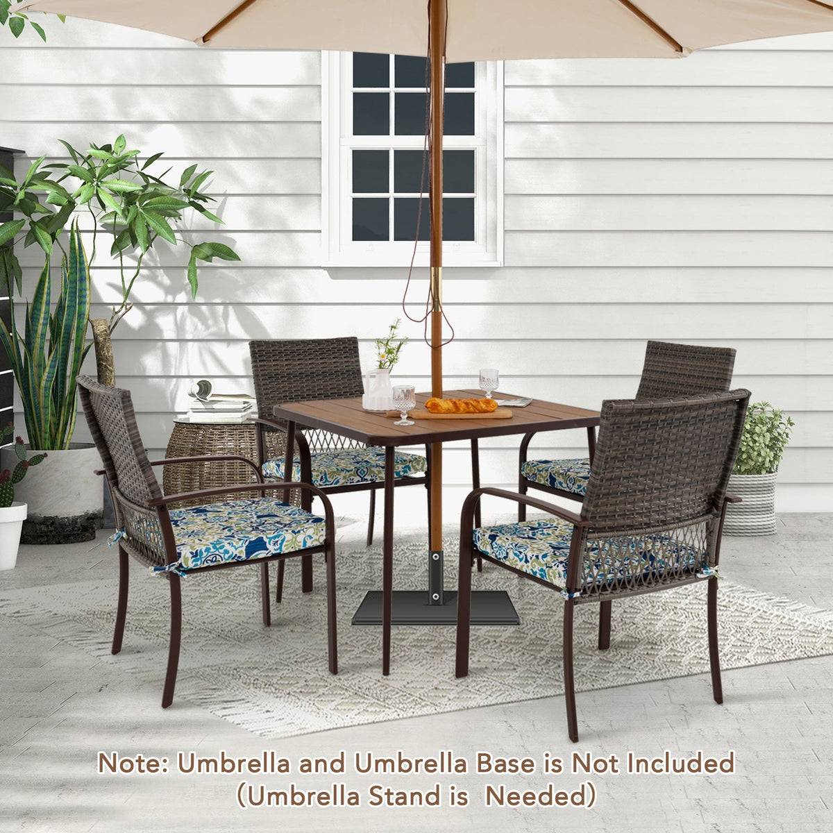 5 Pieces Patio Dining Set 4 Cushioned Rattan Armchairs and Square Table