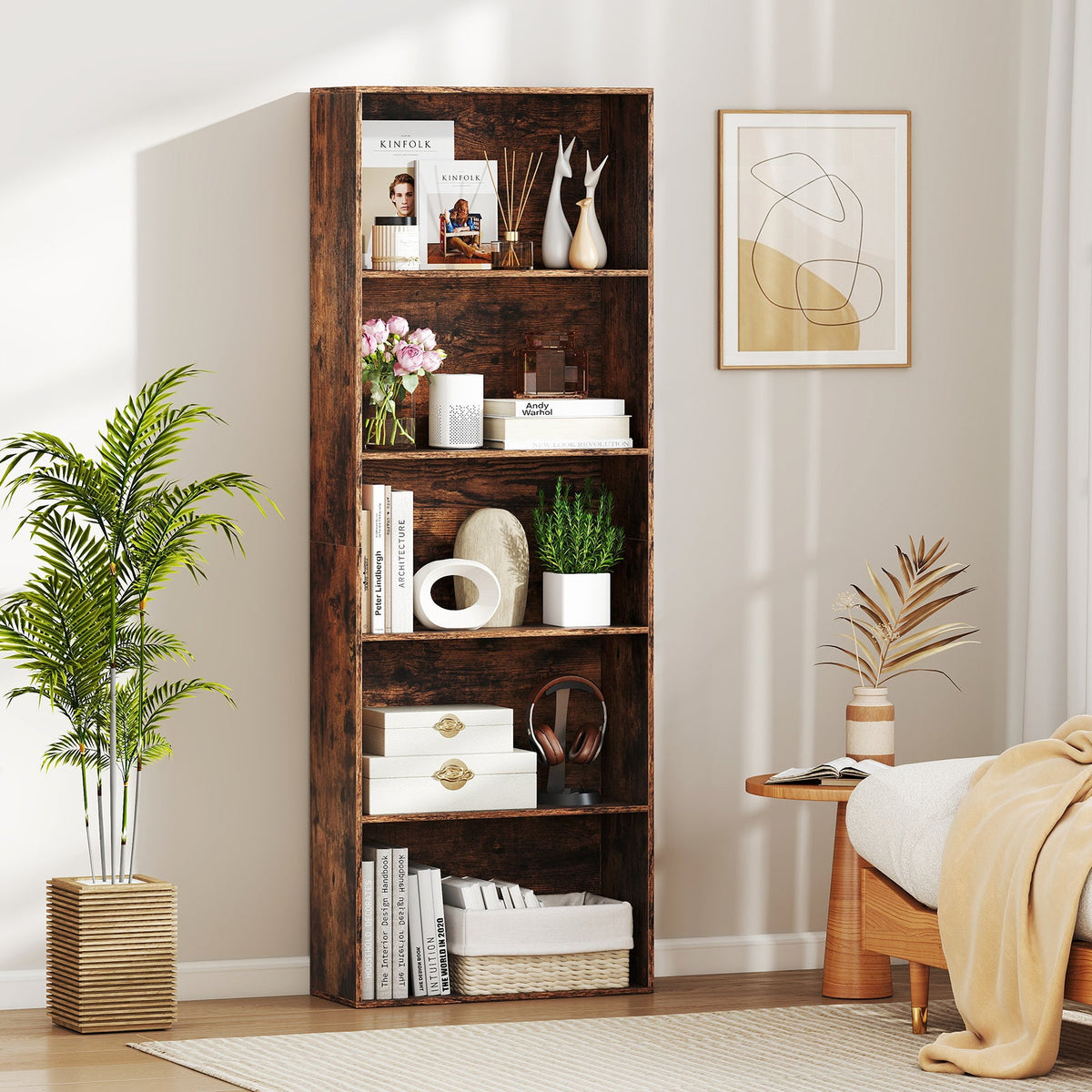 5-Tier Bookshelf Open Bookcase Freestanding Display Shelf Storage Organizer-Rustic Brown
