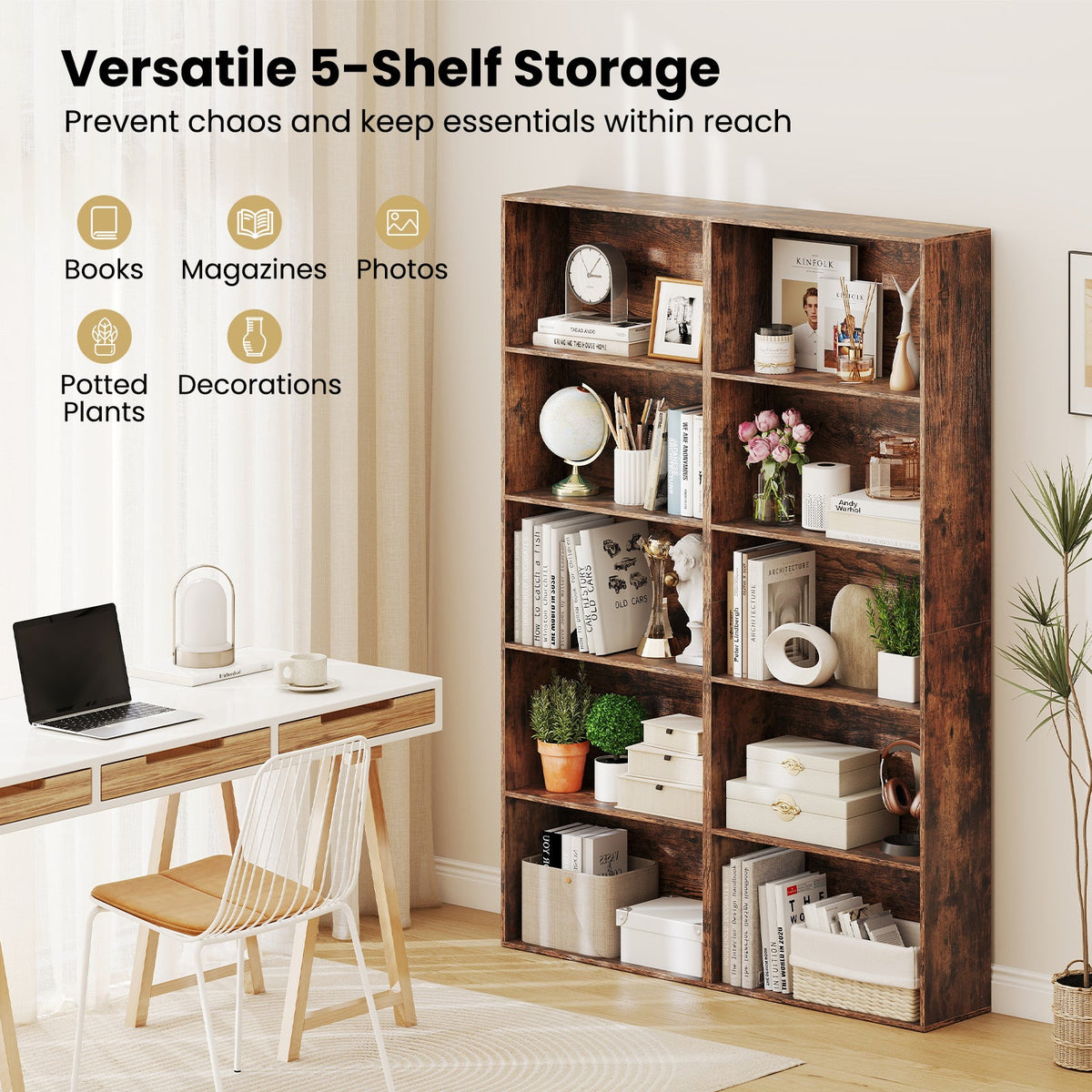 5-Tier Bookshelf Open Bookcase Freestanding Display Shelf Storage Organizer-Rustic Brown