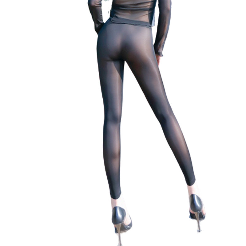 Female Solid Color Casual Versatile High-waisted Sheer Leggings