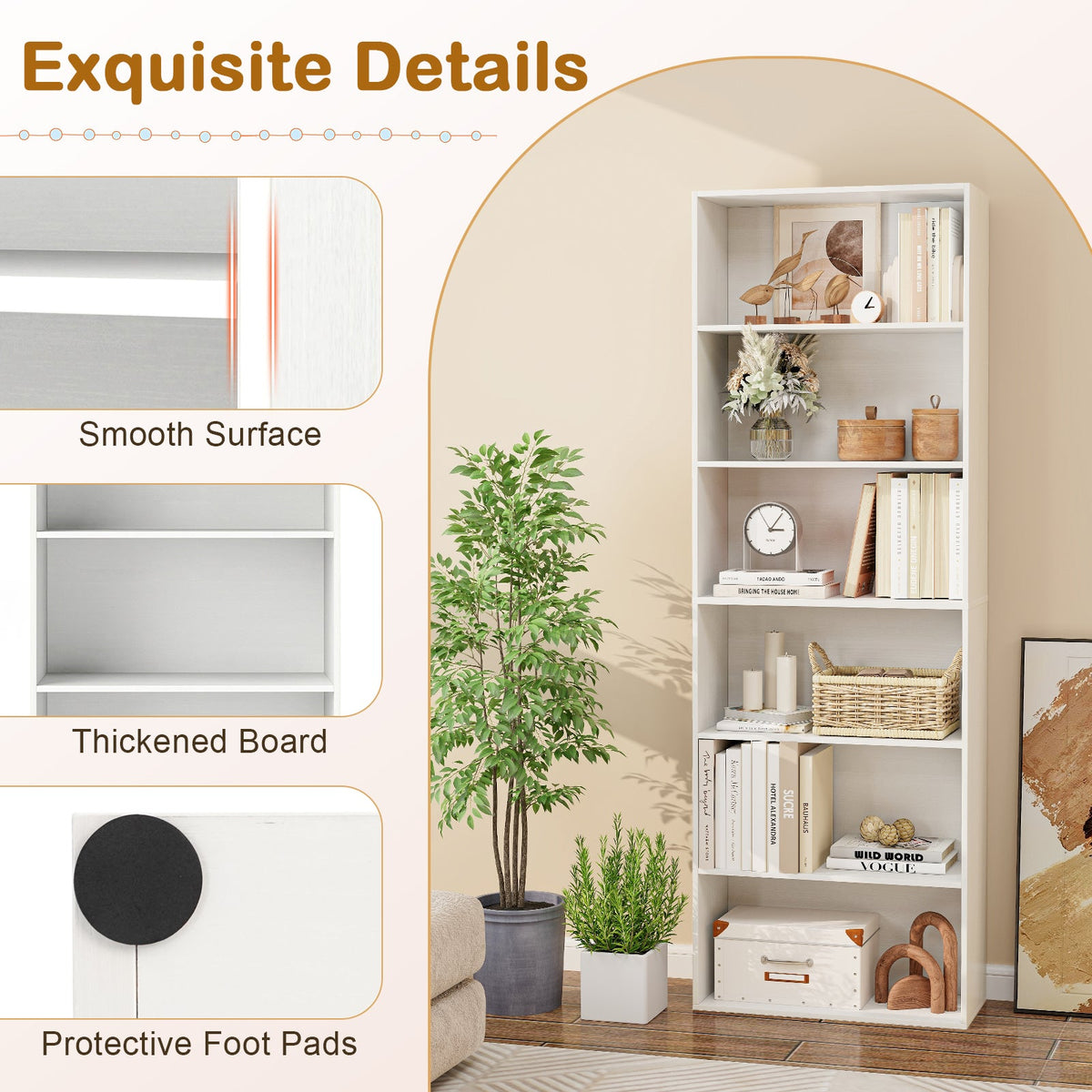 6-Tier Bookcase with 6 Open Shelves and Anti-Toppling Kits