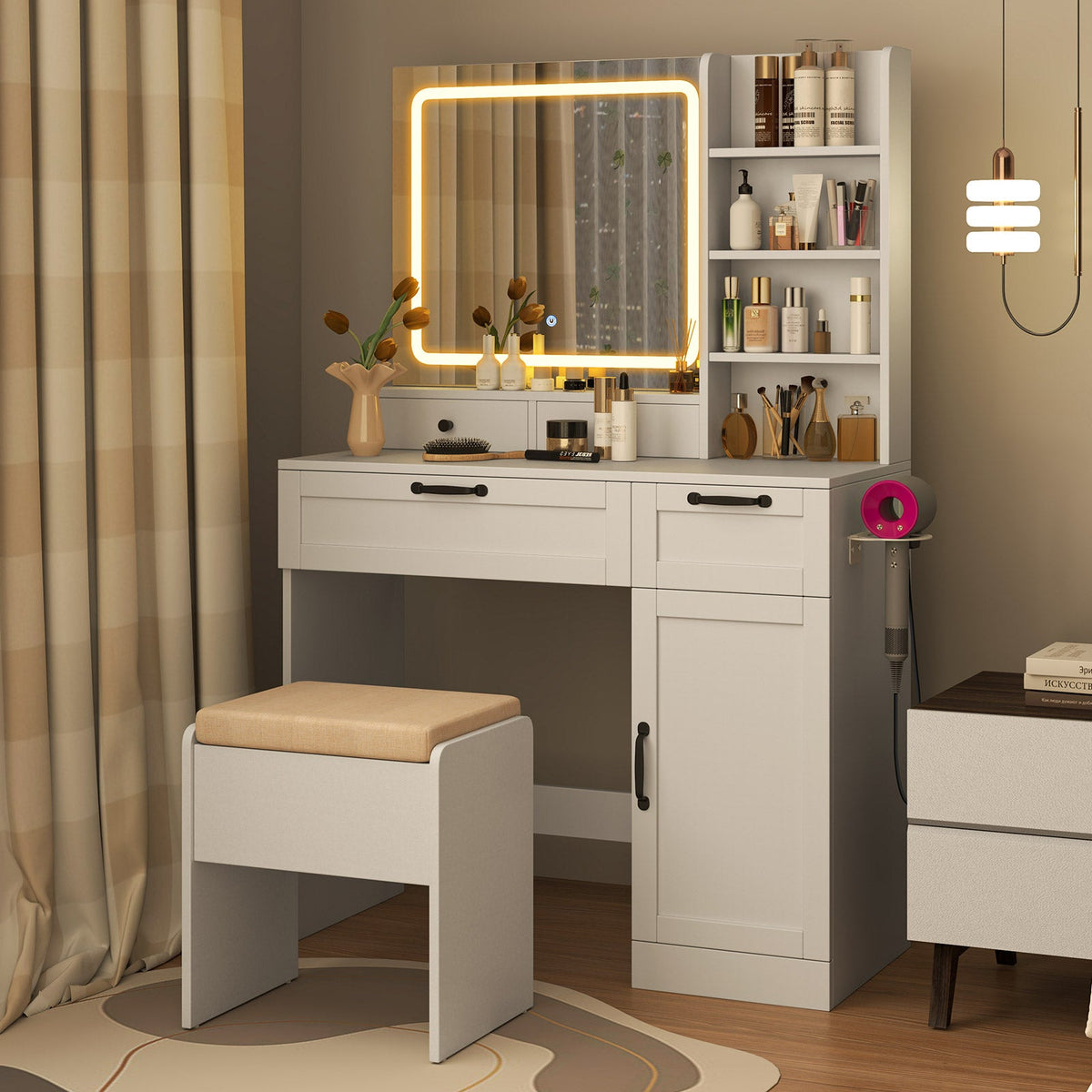 Vanity Set with Mirror and 3 Lighting Modes and Adjustable Brightness-White