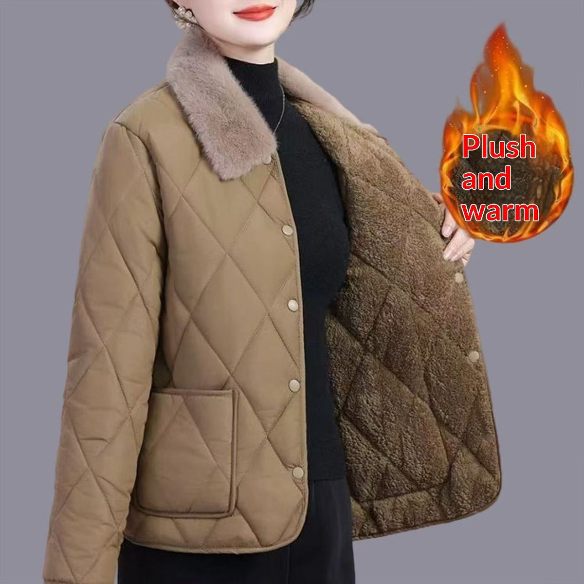 Womens Mid Length Cotton Coat With A Fur Collar