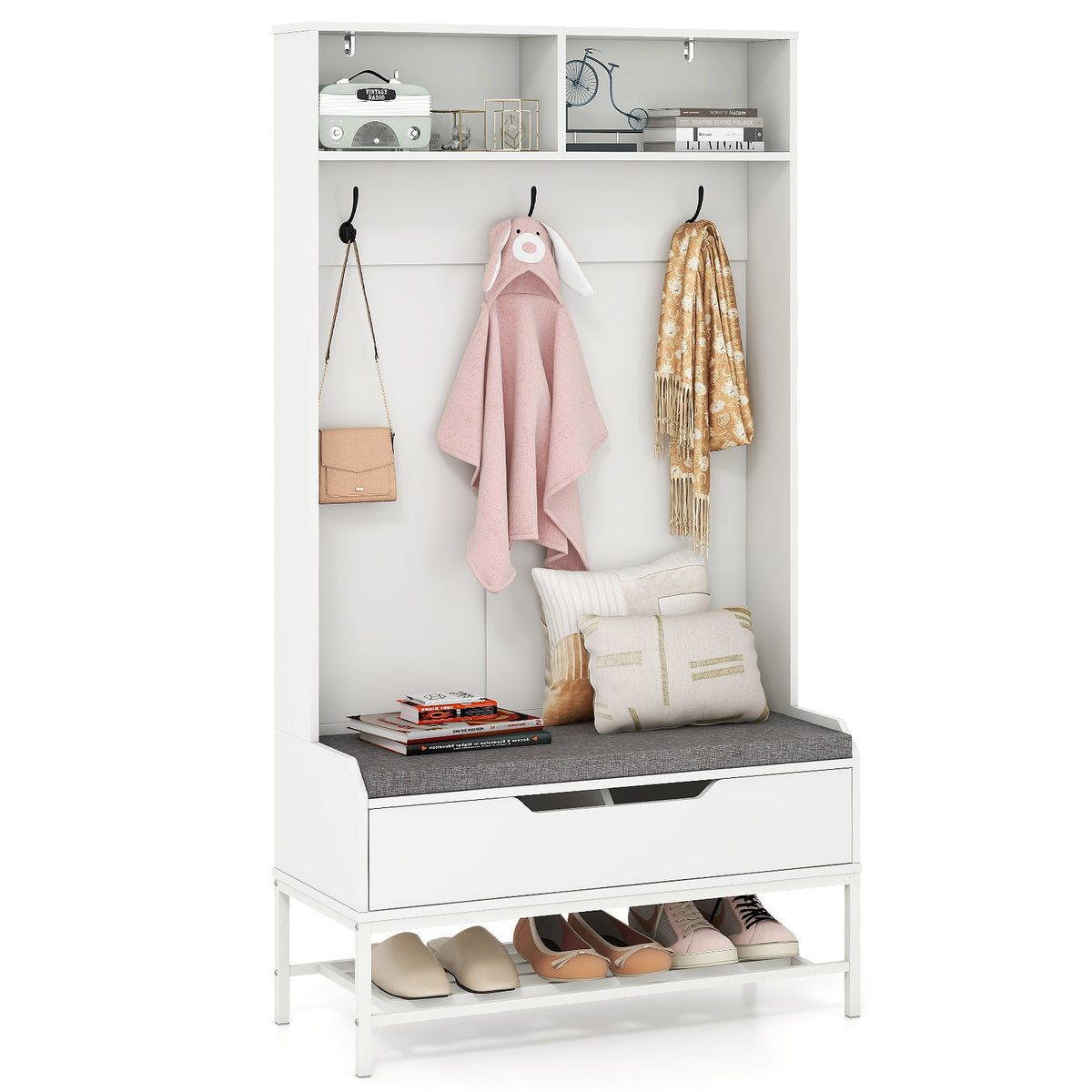 69 Inches Tall Hall Tree 4-in-1 Coat Rack with Seat Cushion and Shoe Storage