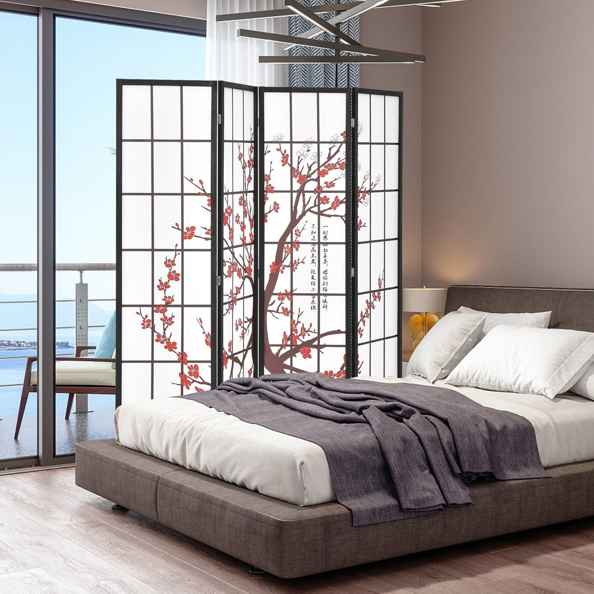 6 Feet Folding Decorative Oriental Privacy Screen with Plum Blossom Design-White
